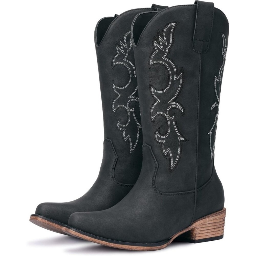 🆕Women Black Embroidered Cowgirl Boots Western Mid Calf Chunky Heel Toe Boot